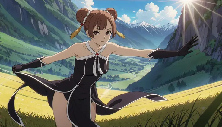 <lora:LaufenXL002>,<lora:DetailedEyes_V3:1.6>,looking at viewer,
solo,
anime screencap,
Laufen,1girl,brown hair,double bun,brown eyes,hair_ornament,
black dress,bare shoulders,
gloves,
pelvic curtain,
boots,
nature,sunbeams,