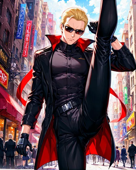 anime character in a black outfit with a red cape and sunglasses