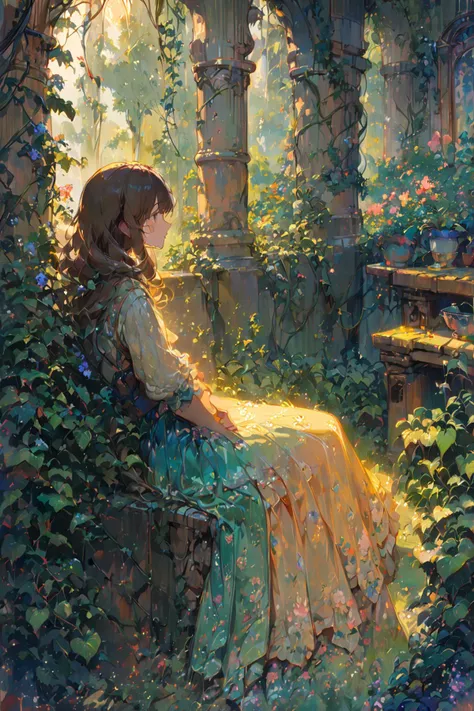 a painting of a woman sitting on a bench in a garden