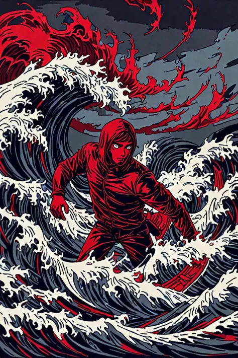 a engraving illustration and red eyes and a slim face in a in rough seas with large waves in the style of dark tones colors, lots of scarlet, <lora:sdxl_lightning_8step_lora.safetensors:1.0>, <lora:add detail xl.safetensors:1.5>