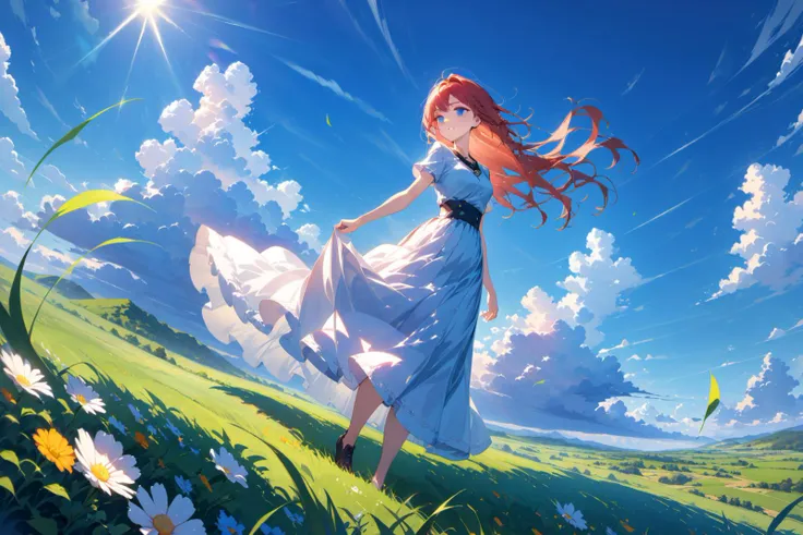 (Masterpiece:0.9), best quality, (illustration, incredibly absurdres:0.95), ultra detailed, solo, 1girl, cinematic angle, Long skirt, Horizon, blue sky, wind, Clouds, meadows, HDR, natural light, [(Cream background:1.2)::0.2], (scenery background:1.2), <lo...