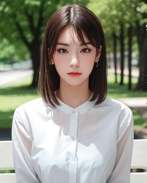 best quality, photorealistic, 8k, high res, full color, 1girl, woman, 20 years old woman, (closed mouth:1.73), (skindentation), (portrait:0.6), trees, park bench, daylight, ((park background:1.52)), full color, ((whiteshirt:1.58)), looking at viewer:1.8, (...