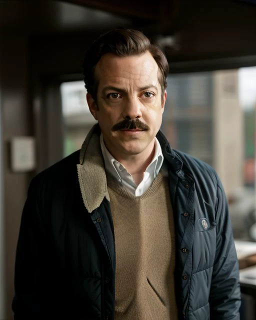 a man with a mustache and a jacket standing in a room