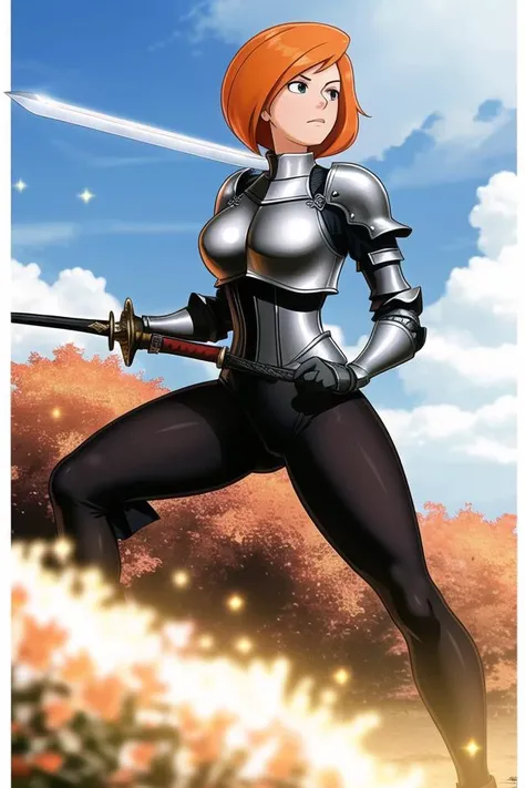 <lora:ann_possible:.6>, ann possible, masterpiece, best quality, 1girl, arm behind back, armor, armored dress, orange hair, blurry, blurry background, bodysuit, closed mouth, cloud, dirty, dirty clothes, dirty face, dutch angle, fire, flame, frown, gauntle...