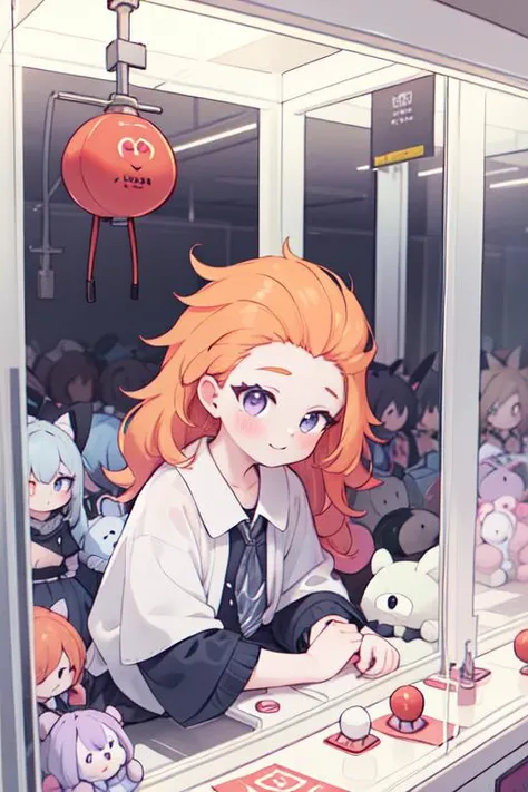 masterpiece,best quality,zoe (lol), 1girl,long hair,blue and purple  eyes,(multicolored hair:0.7),[ pink hair: orange hair:0.2],
, clawmachine, plushies, joystick, glass,stuffed toy, smile,