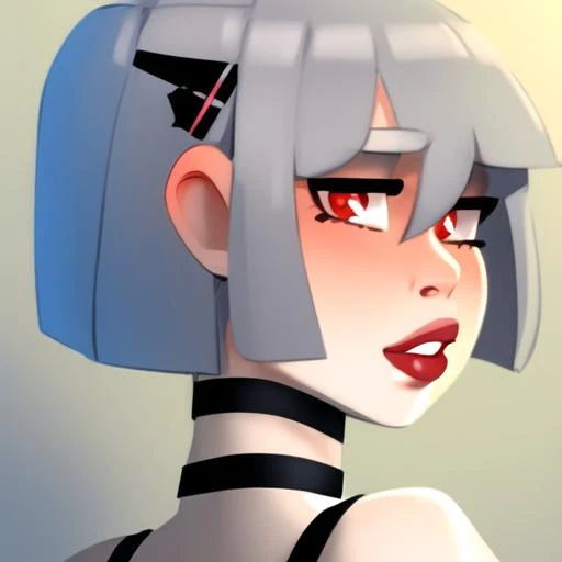 art by Bikupan, 1girl, solo, short hair, looking at viewer, grey hair, off shoulder, bare shoulders, lips, teeth, blush, choker, open mouth, black choker, portrait, bangs, shirt, red eyes, hairclip, hair between eyes, looking back, upper body, overcast sha...