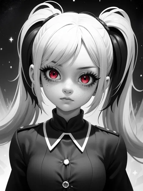 monochrome, black and white, best quality, highly detailed, detailed background, female, freckles, uniform, gothic, red eyes, heavy makeup, mascara, long hair twin tails, staring, (swirling:1.2), (stars:1.1), (bleeding:0.7), stoic, misty, (flame:0.8), head...