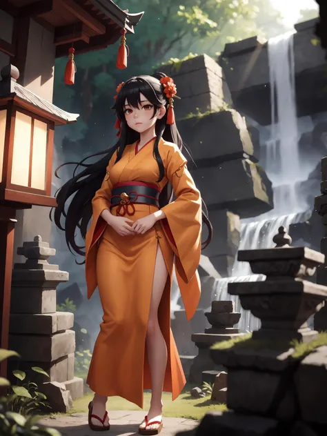 best quality, highly detailed, detailed background, female, very long hair, black hair, hair pin, orange oriental dress, shrine maiden, standing, ancient ruins, inside shrine, darkness, light rays, floating cubes, waterfall, stone temple walls, depth of fi...