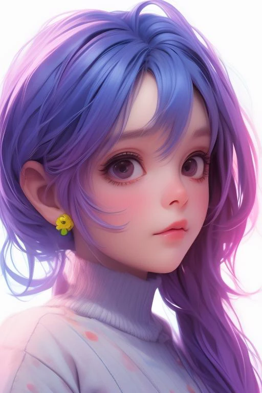 a close up of a person with purple hair and a yellow button