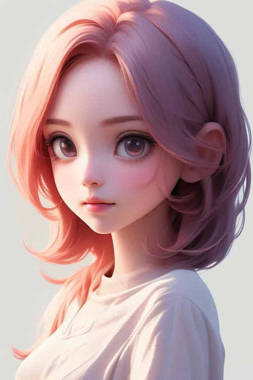 a close up of a girl with pink hair and a white shirt