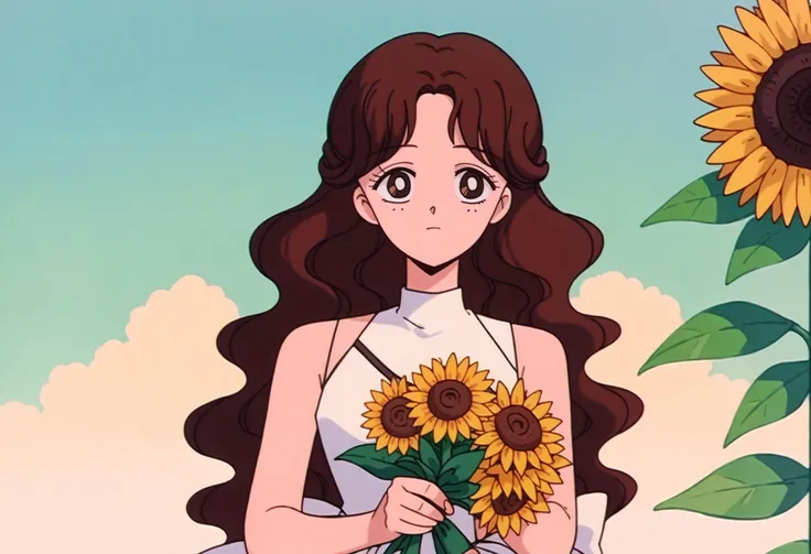 anime girl holding a bouquet of sunflowers in front of a blue sky