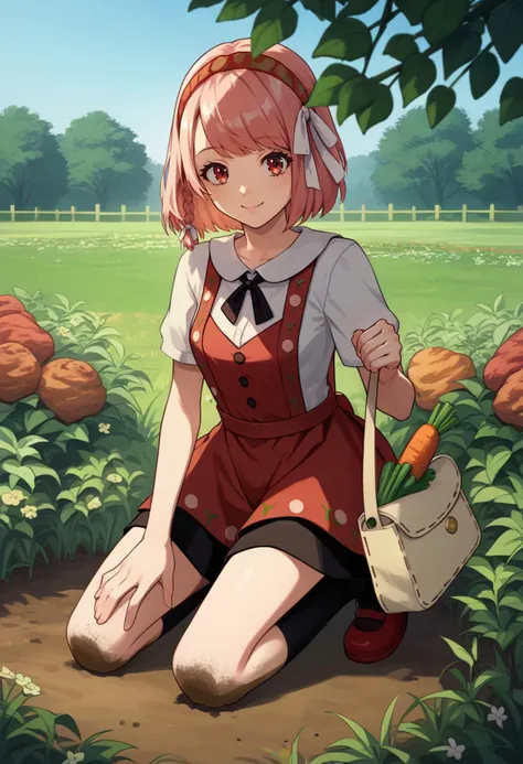 anime girl sitting in a field with a basket of carrots