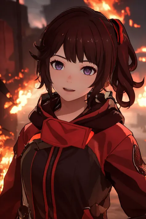 1girl, side ponytail, brown hair, purple eyes, closeup, happy
burning building background
depth of field
 <lora:Hanabi-v2:0.8>    <lora:flame burning background:0.8>