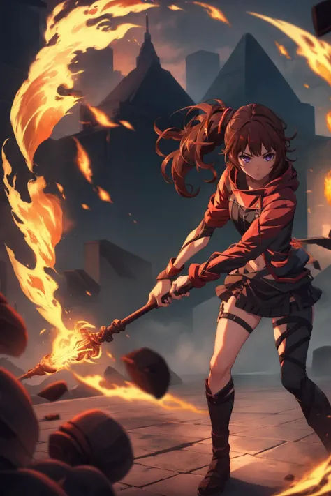 1girl, side ponytail, brown hair, purple eyes, mini skirt, midbody shot, determined, holding long metal quarterstaff in left hand, pyromancer, fire
 <lora:Hanabi-v2:0.8>     <lora:UnlimitedBladeWorks1.6:0.5>  <lora:Concept - Pyromancer:0.5>