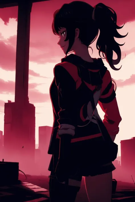 1girl, (closeup), side ponytail, smirking, from behind
 <lora:Hanabi-v2:0.85> <lora:smirkingeye_v200:0.8> Silhouette, shadow,  <lora:dusk ruins:0.7>