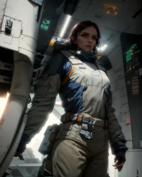 , <lora:Interstellar_Style:0.75>, spacecraft hangar, heroic female mechanic, intricate highly detailed formal Light Gray Royal blue Zinc leather uniform, sci-fi, futuristic, military, medals, utility belt, dramatic cinematic lighting, low angle shot, dynam...