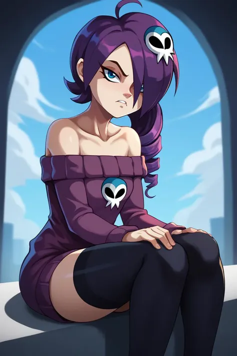 a cartoon girl with purple hair and black stockings sitting on a ledge