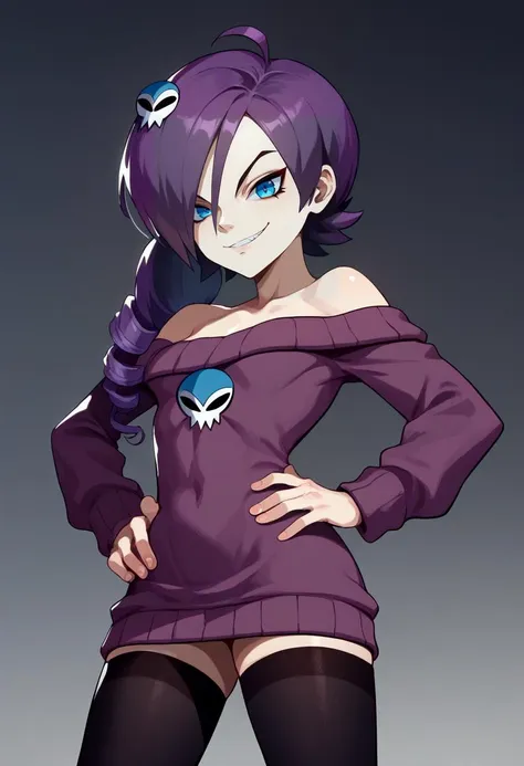 a cartoon image of a woman with purple hair and a purple dress