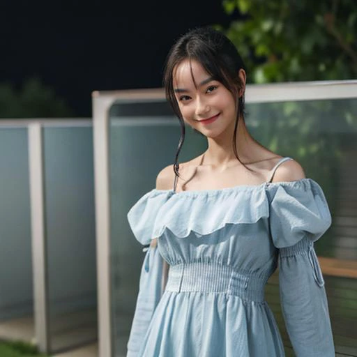 a close up of a woman in a blue dress standing near a fence