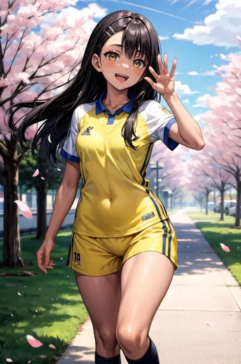 (masterpiece, best quality, detailed), 1girl, solo, looking at viewer, nagatoro hayase, yellow eyes, long hair,black hair, dark-skinned female, hairpin,
<lora:Soccer Uniform By Stable Yogi:0.5>, soccer uniform, cherry blossoms, petals, outdoors, tree, sky,...