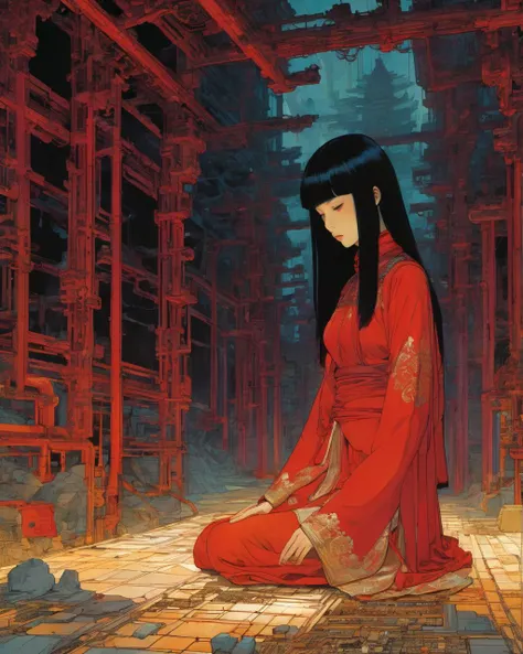 1 female demonic  cyborg , tubes connected to the wall
beautiful 
long black hair
praying
mechanical limbs
red turtle neck tight
skulls
(color ink painting by    Moebius, Victo Ngai	 Katsuya Terada,  )