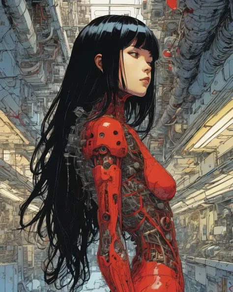 1 female demonic  cyborg , tubes connected to the wall
beautiful 
long black hair
praying
mechanical limbs
red turtle neck tight
skulls
(color ink painting by  Katsuhiro Otomo, Moebius, Victo Ngai	 Katsuya Terada, Aaron Horkey )