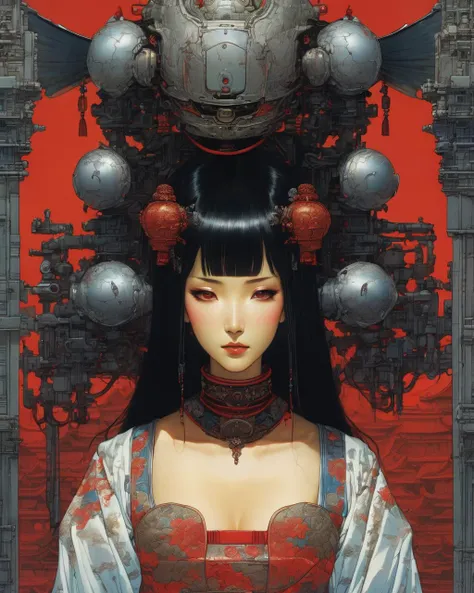 geisha robot
oni
horns
cyborg with tubes connected her back to the wall
mechanical arms
beautiful 
long black hair
red turtle neck tight
skulls 
Makeups
(art  by  Arthur Rackham  Moebius,  Katsuya Terada,  )