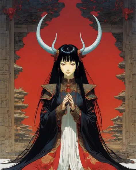 1 female demon praying
oni
horns
cyborg with tubes connected her back to the wall
mechanical arms
beautiful 
long black hair
red turtle neck tight
skulls 
Makeups
(color ink painting by  Yoshitaka Amano  Moebius,  Katsuya Terada,  )