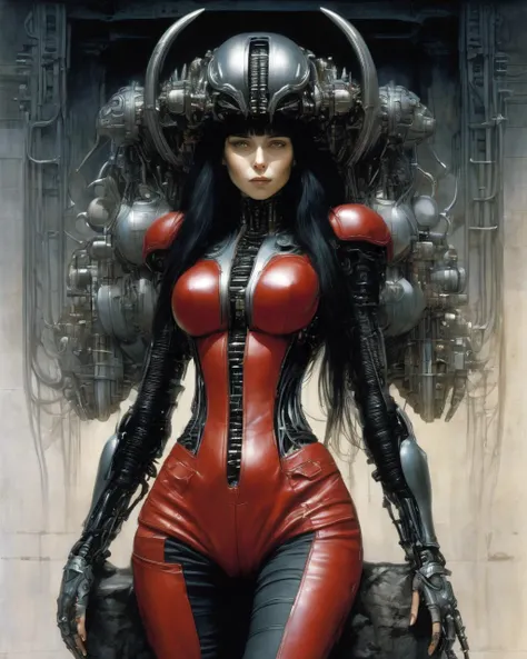 1 female  cyborg,  hands on jaw, 
mechanical arms 
 gradient color 
red leather tight, 
black long hair
full body
(art by   Jean-Baptiste Monge  H.R.Giger)