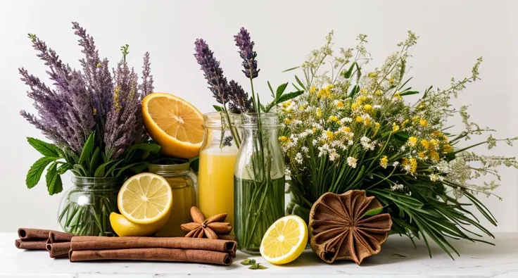 A breathtaking, hyper-realistic composition featuring an artfully arranged montage of lilac, jasmine, lavender, green apple, ginger, cinnamon, mint, fir, lemongrass, chamomile, lemon, and orange, set against a crisp white background. This captivating image...