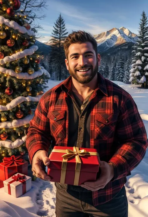 ((masterpiece, highly detailed, intricately detailed)), visually stunning, photograph, rugged man, outdoors, giving a gift, lumberjack, huge smile, holiday magic, seasonal colors, atmosphere,