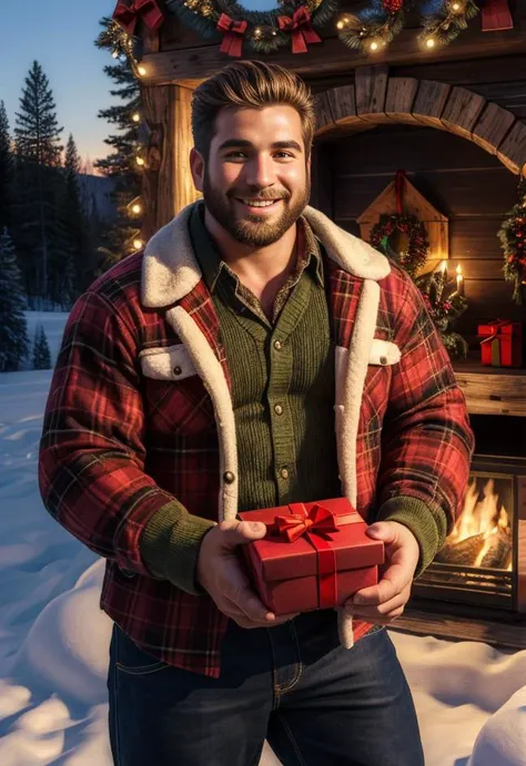 ((masterpiece, highly detailed, intricately detailed)), visually stunning, photograph, rugged man, outdoors, giving a gift, lumberjack, huge smile, holiday magic, seasonal colors, atmosphere,