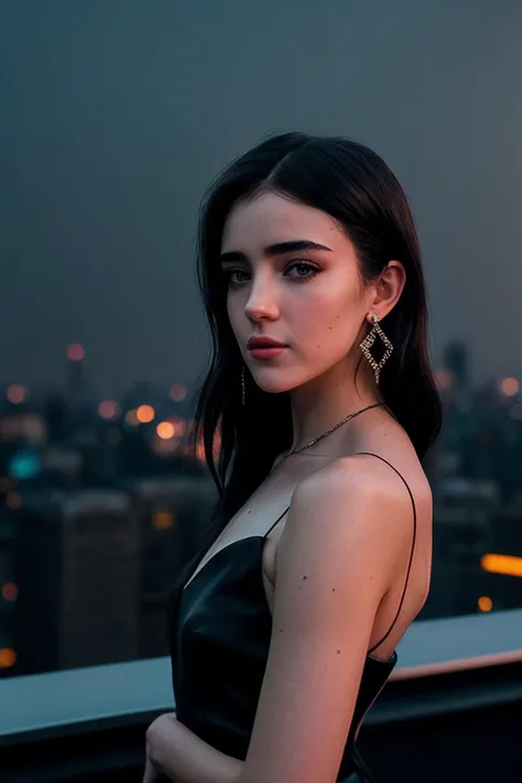 TaliaR_SoloTI_v1,
(In a sleek black satin dress, with sharp diamond earrings, for a cold and unapproachable look), (On a rooftop at midnight, with the city lights glittering below, a stark and isolated ambiance:1.3), (seductive:1.3),(analog, cinematic, fil...