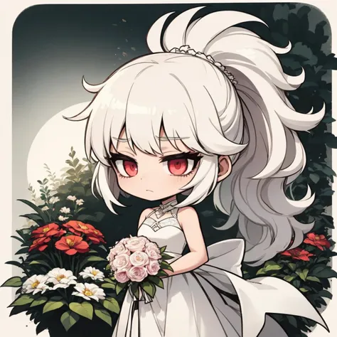 anime girl with white hair and white dress holding flowers