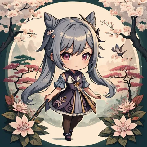 a cartoon girl with long hair and a cat ears holding a stick