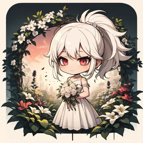 1girl, solo, shining short hair, white hair, wild and messy hair, sidelocks, high ponytail, reddish pink eyes, white floral long wedding gown, garden background, chibi, <lora:Ink scenery:0.8>