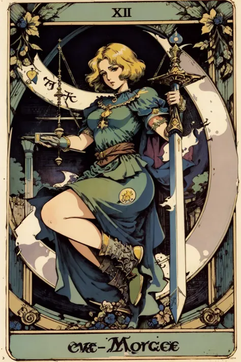 best quality, masterpiece, tarot, <lora:UltimateTarotV1:0.9>,Justice, balance scale, sword,, (MorganGreerTarot:1.2), retro artstyle, thick outline, English text, roman numeral, card (medium)