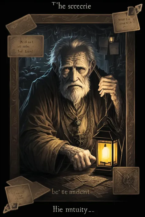 best quality,masterpiece,(SacredIsleTarot:1.2), vivid colors, intricate details,The_Hermit, old man, lantern, dark,English text,roman numeral,card (medium),