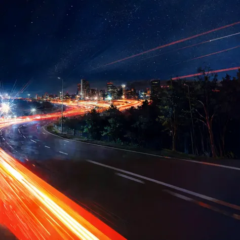 A car, driving away while scattering a large amount of light particles, at night city
