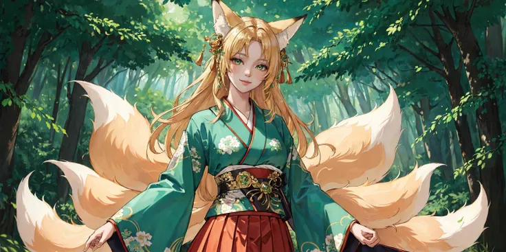 (masterpiece, best quality:1.3), (ultra detailed, cinematic lighting:1.2), green Fractal art nouveau background, forest, a beautiful kitsune woman, blonde hair, long hair, fox ears, big fox tail, kimono, pleated skirt, light smile, green colours, no showin...