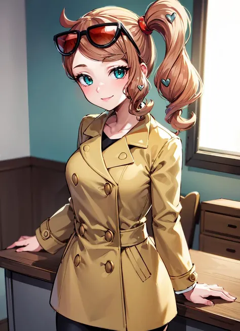 ((best quality)), ((highly detailed)), masterpiece, , <lora:more_details:.2>, (1girl), (solo), dynamic angle, cowboy shot, <lora:PKMN_Sonia-DEF:.7>, sonia (pokemon), side ponytail, hair ornament, green eyes, smiling, sunglasses on hair, brown coat, (indoor...