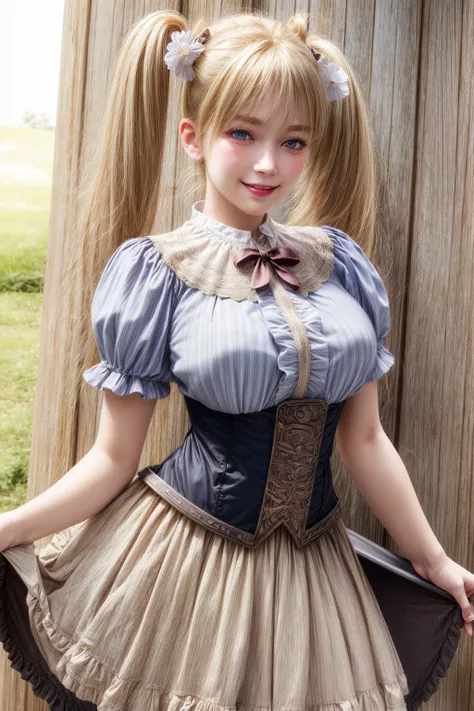 gathered skirt, underbust,  frills, short sleeves, hair ornament,cowboy shot,twintail,blond,
best quality, highly detailed, masterpiece, absurdres,8k,   photorealistic, realistic,detailed skin texture,detailed pupils,HDR,natural lighting,
1girl,solo,(happy...