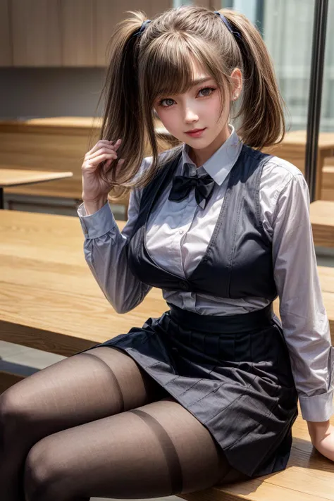 long hair,twintails,hairclip,waitress, bowtie,vest,wing collar,white shirt,long sleeves,black skirt,long skirt,(black pantyhose:1.2),(looking at viewer, sitting:1.1),,
dark theme,inside the cafe,
best quality, highly detailed, masterpiece, absurdres,8k,   ...