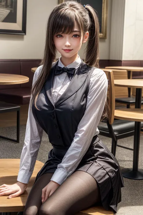 long hair,twintails,hairclip,waitress, bowtie,vest,wing collar,white shirt,long sleeves,black skirt,long skirt,(black pantyhose:1.2),(looking at viewer, sitting:1.1),,
dark theme,inside the cafe,
best quality, highly detailed, masterpiece, absurdres,8k,   ...