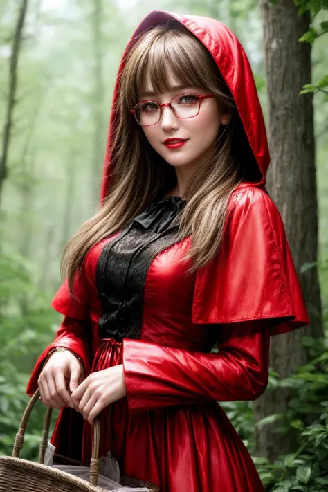 arafed woman in red riding hood and glasses holding a basket