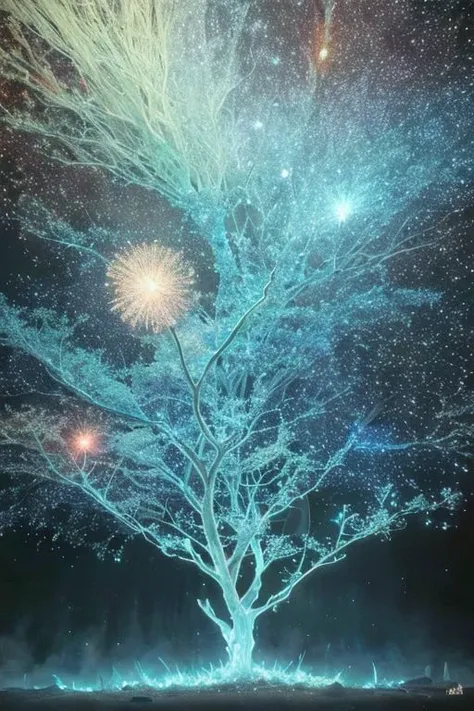 fire inside the crystal tree next to more crystal trees is an epic tree with a glowing cosmos, stars, galaxies, clouds, planets, sea inside.  hyperdetalization glass, soft light, glitter,professional photo, beautiful,3d, realistic, 64k, hyperrealism.  high...