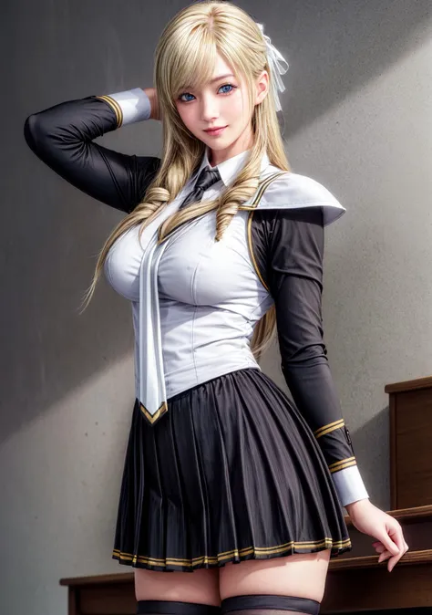 <lora:Leona_Morimoto_Discipline-KK77-V1:0.6>,school uniform,long sleeves,black legwear, black skirt, black suit,with a tie,black and gold trim,white shirt,black dress,shoulder armor,blonde hair,very long hair, (drill hair:1.1),blue eyes,Bangs,white hair ri...