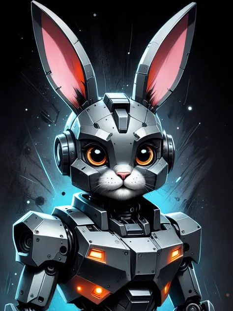 a close up of a robot bunny with glowing eyes and ears