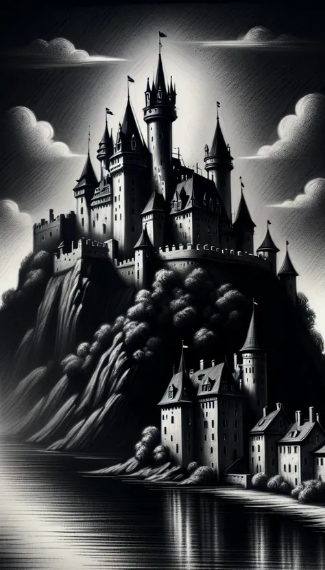 monochrome greyscale noise grainy dirty charcoal drawing of <lora:CharcoalDarkStyleXL:1>CharcoalDarkStyle a magical city with a castle perched on a floating island above dark black background black vignette