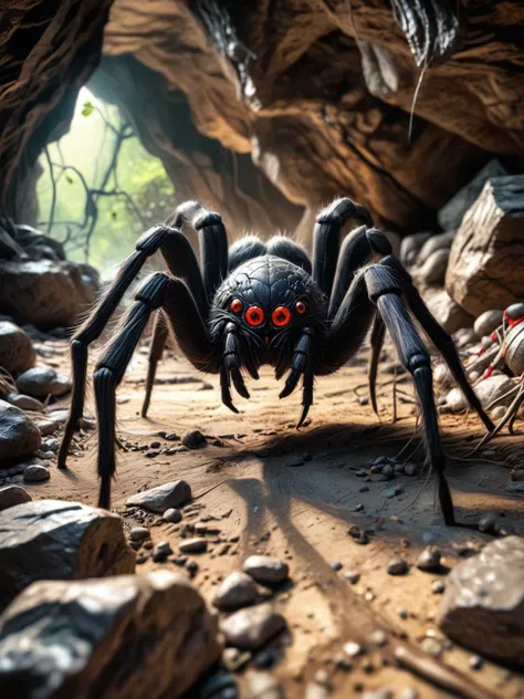 a close up of a spider with red eyes in a cave